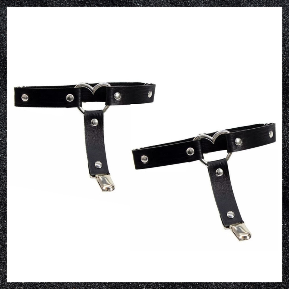 Black Studded Heart Leather Thigh Garter Harness Pair Set